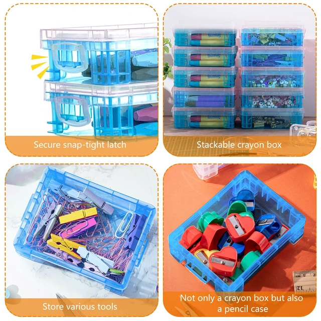 Alt view image 3 of 7 - 25 Pcs Plastic Crayon Boxes Bulk,Blue Stackable with Snap Lids, Classroom Supplies Organizer, Transparent Holder for Crayons Colored Pencils Markers Kids Storage