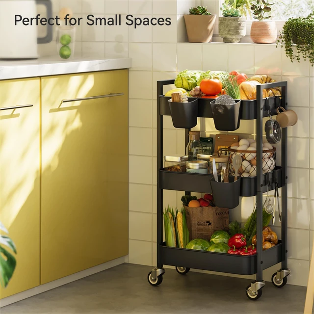 Alt view image 2 of 6 - 3 Tier Rolling Cart,Utility Cart with Locking Wheels, Hanging Cups & Hooks, Heavy Duty Metal Storage Organizer Cart for Kitchen,Office, Bathroom,Craft Room,Black