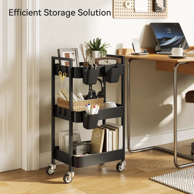 Alt view image 3 of 6 - 3 Tier Rolling Cart,Utility Cart with Locking Wheels, Hanging Cups & Hooks, Heavy Duty Metal Storage Organizer Cart for Kitchen,Office, Bathroom,Craft Room,Black