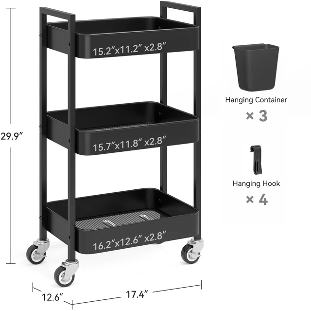 Alt view image 4 of 6 - 3 Tier Rolling Cart,Utility Cart with Locking Wheels, Hanging Cups & Hooks, Heavy Duty Metal Storage Organizer Cart for Kitchen,Office, Bathroom,Craft Room,Black