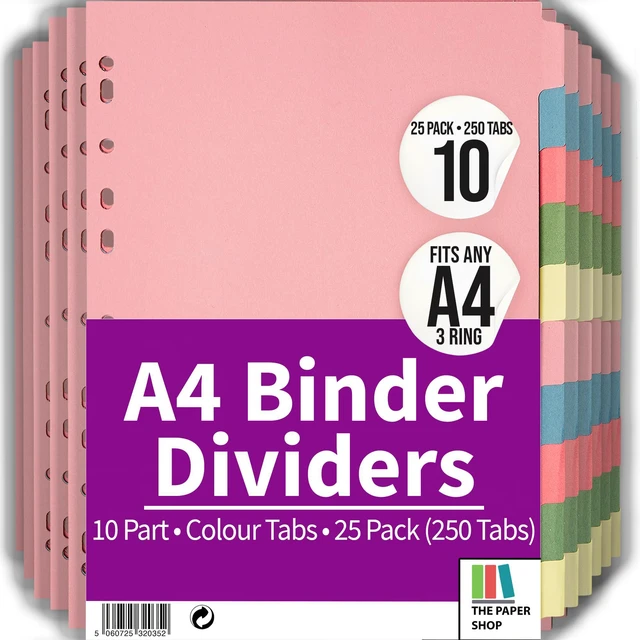 Main image of Pink 10 Tab Dividers for 3 Ring Binder - A4 (25 Pack) | Write-On Binder Dividers with Tabs for Office School & Classroom | Coloured Index Tabs, Blank & Writeable | Bulk 250-Tab Pack