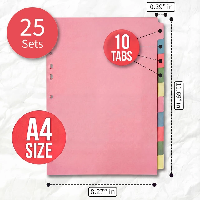 Alt view image 2 of 7 - Pink 10 Tab Dividers for 3 Ring Binder - A4 (25 Pack) | Write-On Binder Dividers with Tabs for Office School & Classroom | Coloured Index Tabs, Blank & Writeable | Bulk 250-Tab Pack