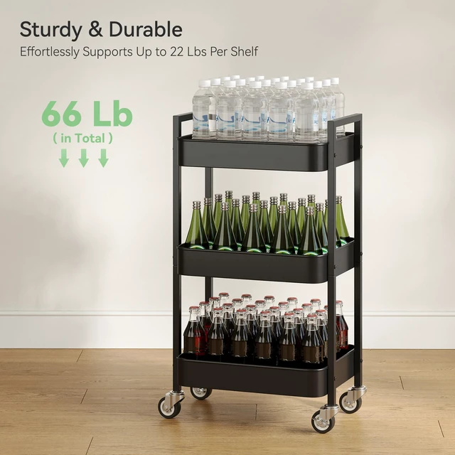 Alt view image 6 of 6 - 3 Tier Rolling Cart,Utility Cart with Locking Wheels, Hanging Cups & Hooks, Heavy Duty Metal Storage Organizer Cart for Kitchen,Office, Bathroom,Craft Room,Black
