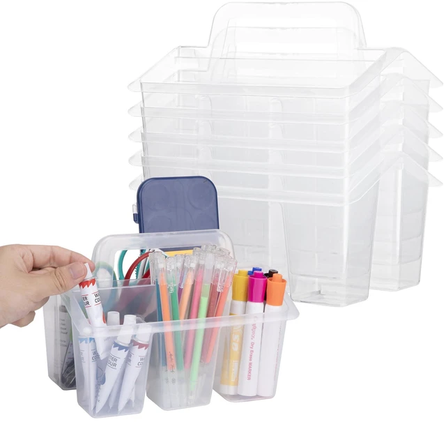 Alt view image 7 of 7 - Plastic Caddy With Handle,Protable Classroom Craft Caddy, 6-pack Storage Caddy For Pencil,Pen,Craft Tools (Clear)
