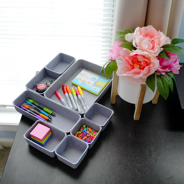 Alt view image 3 of 7 - Minimalist 8pc Felt Desk Drawer Organizer Glacier Gray Bins