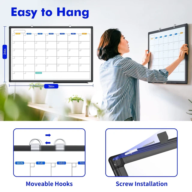 Alt view image 3 of 7 - Magnetic Dry Erase Calendar Whiteboard 36" x 24" Aluminum FrameBlack Magnetic Monthly Planner Board, Wall Mounted or Hanging. Calendar Design Suitable for Daily Planning of Home, Office, Class