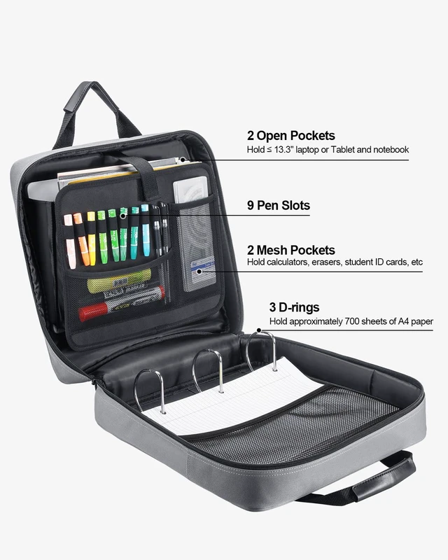 Alt view image 2 of 7 - Zipper Binder 3 Inch 3 Ring with Shoulder Strap Multi-Pocket,Tough Binder Bag with Laptop organizer for School Travel,Fit 13" MacBook & Tablet,700 Sheets Capacity,Water Resistant,Grey