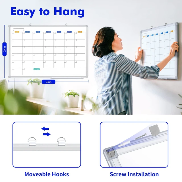Alt view image 3 of 7 - White Board Calendar Dry Erase for Wall, 36" x 24" Aluminum Frame Magnetic Monthly Planner Board, Wall Mounted or Hanging. Calendar Design Suitable for Daily Planning of Home, Office, Class