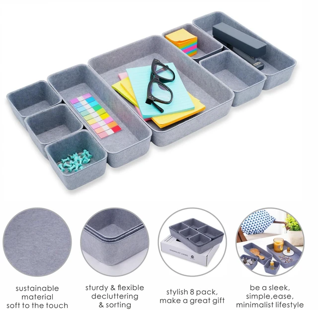 Alt view image 6 of 7 - Minimalist 8pc Felt Desk Drawer Organizer Glacier Gray Bins