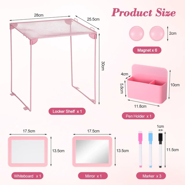 Alt view image 2 of 7 - Pink Locker Accessories Kit for Girls, Locker Organizer Kit with Locker shelf, Magnetic Mirror and Whiteboard, Pen holder, Magnets, Back to School Locker Essentials Decorations Kit