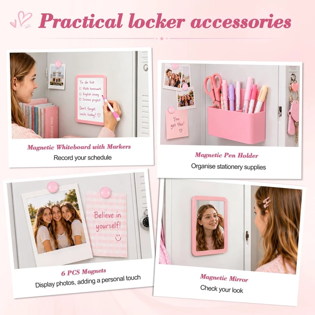 Alt view image 4 of 7 - Pink Locker Accessories Kit for Girls, Locker Organizer Kit with Locker shelf, Magnetic Mirror and Whiteboard, Pen holder, Magnets, Back to School Locker Essentials Decorations Kit