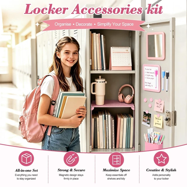Alt view image 6 of 7 - Pink Locker Accessories Kit for Girls, Locker Organizer Kit with Locker shelf, Magnetic Mirror and Whiteboard, Pen holder, Magnets, Back to School Locker Essentials Decorations Kit