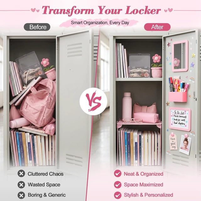 Alt view image 5 of 7 - Pink Locker Accessories Kit for Girls, Locker Organizer Kit with Locker shelf, Magnetic Mirror and Whiteboard, Pen holder, Magnets, Back to School Locker Essentials Decorations Kit