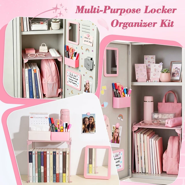 Alt view image 7 of 7 - Pink Locker Accessories Kit for Girls, Locker Organizer Kit with Locker shelf, Magnetic Mirror and Whiteboard, Pen holder, Magnets, Back to School Locker Essentials Decorations Kit