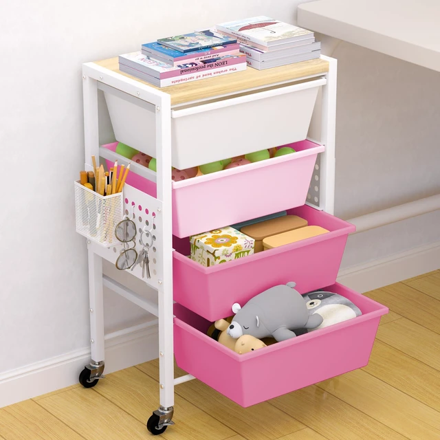 Main image of Rolling Cart with Drawers, Rolling Storage Cart with Large Plastic Drawers & Wooden Tabletop, Utility Cart with Pegboards & Basket, Storage Drawers Cart for Living Room, Classroom, Bedroom, Office
