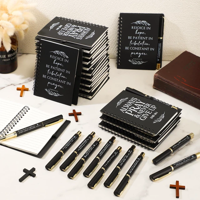 Alt view image 4 of 7 - 100 Pcs/ 50 Set Christian Gift Bulk Spiral Notebook and Pen, Black Prayer Journal Bible Verse Ballpoint Pen, Religious Gift for Church Members Study Groups Women Men, Sunday School
