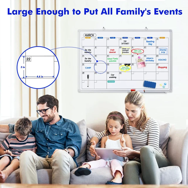 Alt view image 6 of 7 - White Board Calendar Dry Erase for Wall, 36" x 24" Aluminum Frame Magnetic Monthly Planner Board, Wall Mounted or Hanging. Calendar Design Suitable for Daily Planning of Home, Office, Class