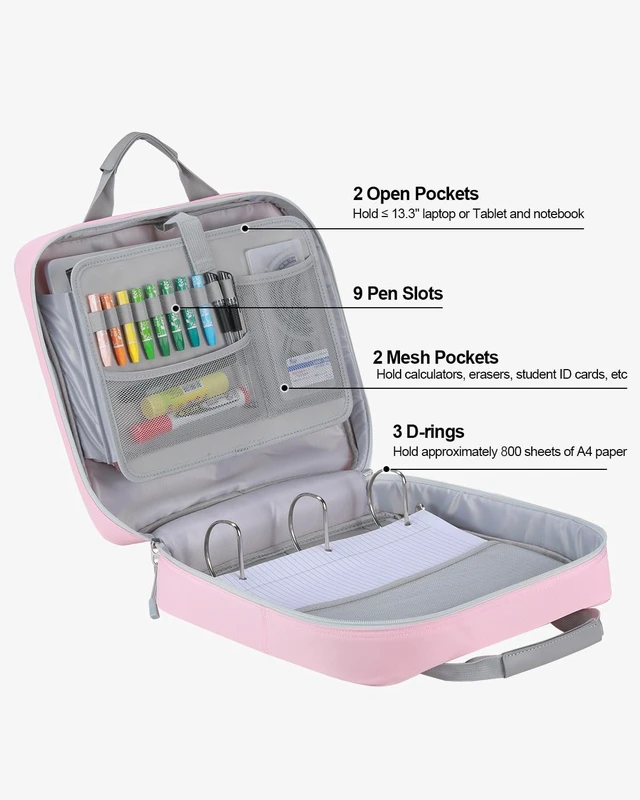 Alt view image 2 of 7 - 4 Inch Zipper Binder 3 Ring with Shoulder Strap,Tough/Multi-Pocket Binder Bag with Laptop organizer for School Travel,Fit 13" MacBook & Tablet,800 Sheets Capacity,Water Resistant,Pink