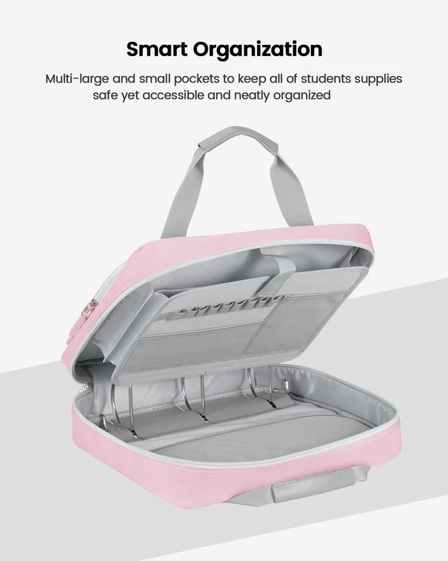 Alt view image 6 of 7 - Zipper Binder 3 Inch 3 Ring with Shoulder Strap Multi-Pocket,Tough Binder Bag with Laptop organizer for School Travel,Fit 13" MacBook & Tablet,700 Sheets Capacity,Water Resistant,Light Pink