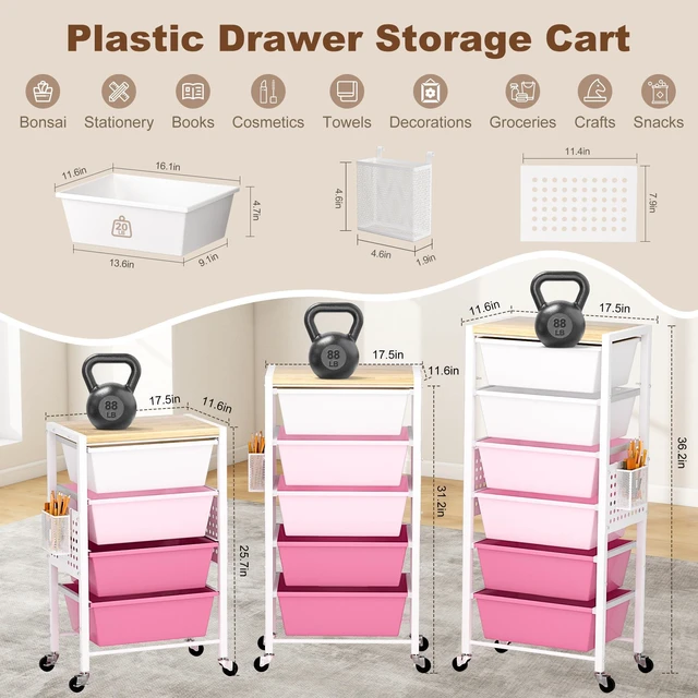Alt view image 2 of 7 - Rolling Cart with Drawers, Rolling Storage Cart with Large Plastic Drawers & Wooden Tabletop, Utility Cart with Pegboards & Basket, Storage Drawers Cart for Living Room, Classroom, Bedroom, Office