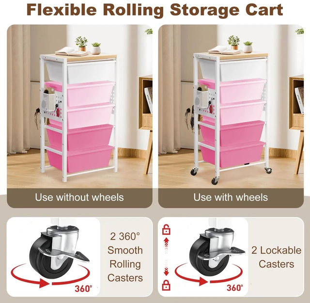 Alt view image 3 of 7 - Rolling Cart with Drawers, Rolling Storage Cart with Large Plastic Drawers & Wooden Tabletop, Utility Cart with Pegboards & Basket, Storage Drawers Cart for Living Room, Classroom, Bedroom, Office