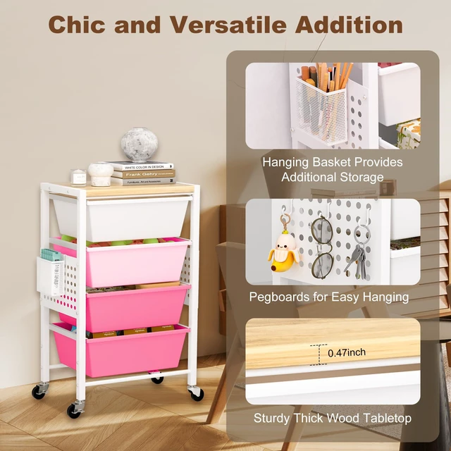 Alt view image 5 of 7 - Rolling Cart with Drawers, Rolling Storage Cart with Large Plastic Drawers & Wooden Tabletop, Utility Cart with Pegboards & Basket, Storage Drawers Cart for Living Room, Classroom, Bedroom, Office