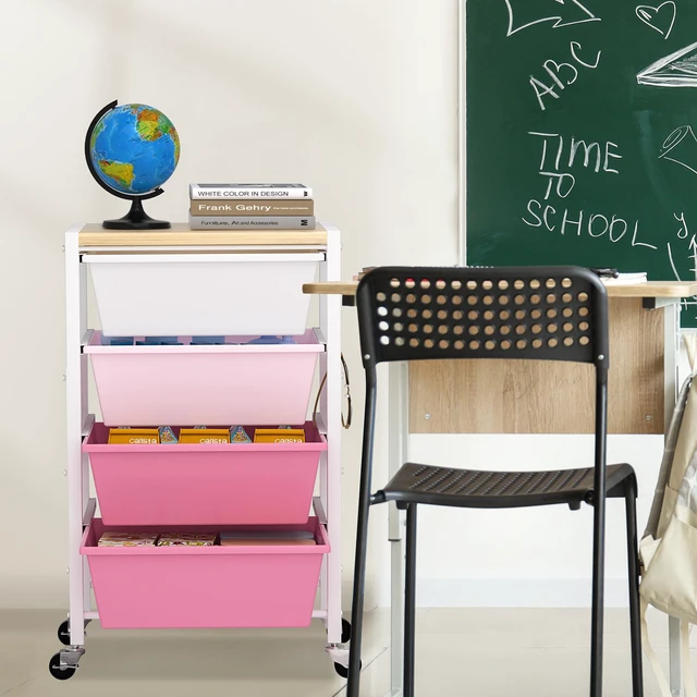 Alt view image 6 of 7 - Rolling Cart with Drawers, Rolling Storage Cart with Large Plastic Drawers & Wooden Tabletop, Utility Cart with Pegboards & Basket, Storage Drawers Cart for Living Room, Classroom, Bedroom, Office