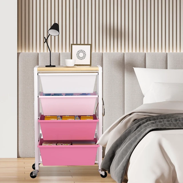 Alt view image 7 of 7 - Rolling Cart with Drawers, Rolling Storage Cart with Large Plastic Drawers & Wooden Tabletop, Utility Cart with Pegboards & Basket, Storage Drawers Cart for Living Room, Classroom, Bedroom, Office
