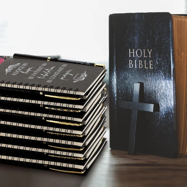 Alt view image 5 of 7 - 100 Pcs/ 50 Set Christian Gift Bulk Spiral Notebook and Pen, Black Prayer Journal Bible Verse Ballpoint Pen, Religious Gift for Church Members Study Groups Women Men, Sunday School