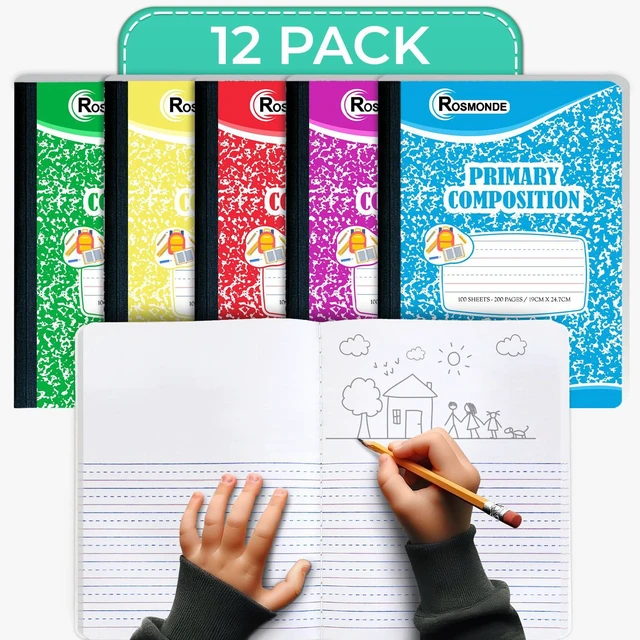 Main image of Composition Notebooks Primary Ruled, 12 Pack, 100 Sheets Bulk Primary Composition Notebooks, Draw and Write Journal, Grades K-2, 200 Pages (100 Sheets), Hard Cover, Assorted Colors