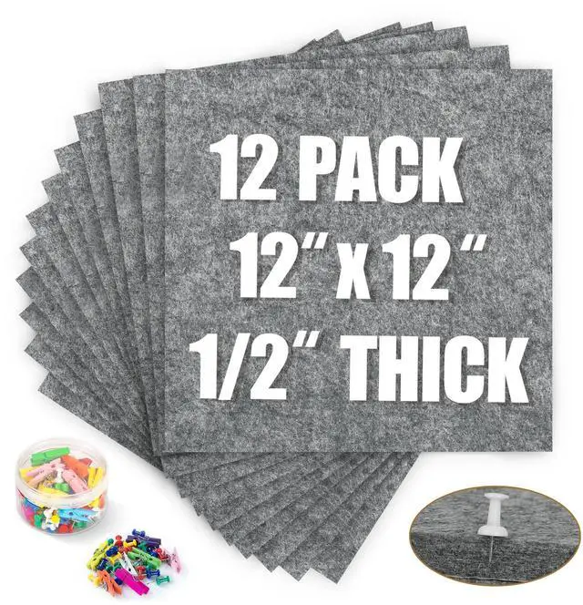 Main image of Cork Bulletin Board 12x12, 1/2" Thick Felt Cork Board Tiles 12 Pack, Small Square Pin Board for Wall, Self Adhesive Corkboards with 120 Push Pin Wood Clips for School, Home & Office, Grey