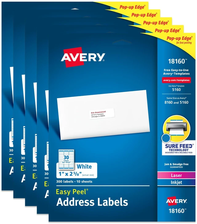 Main image of Easy Peel Printable Address Labels with Sure Feed, 1" x 2-5/8" Customizable Stickers, White, 300 Blank Mailing Labels per Pack, Great for Mailing, Shipping, and More (5-Pack of 18160)