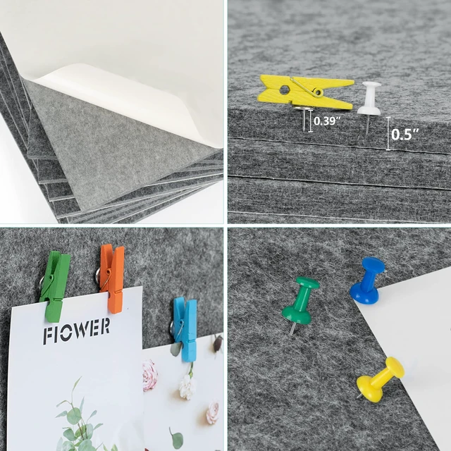Alt view image 5 of 7 - Cork Bulletin Board 12x12, 1/2" Thick Felt Cork Board Tiles 12 Pack, Small Square Pin Board for Wall, Self Adhesive Corkboards with 120 Push Pin Wood Clips for School, Home & Office, Grey