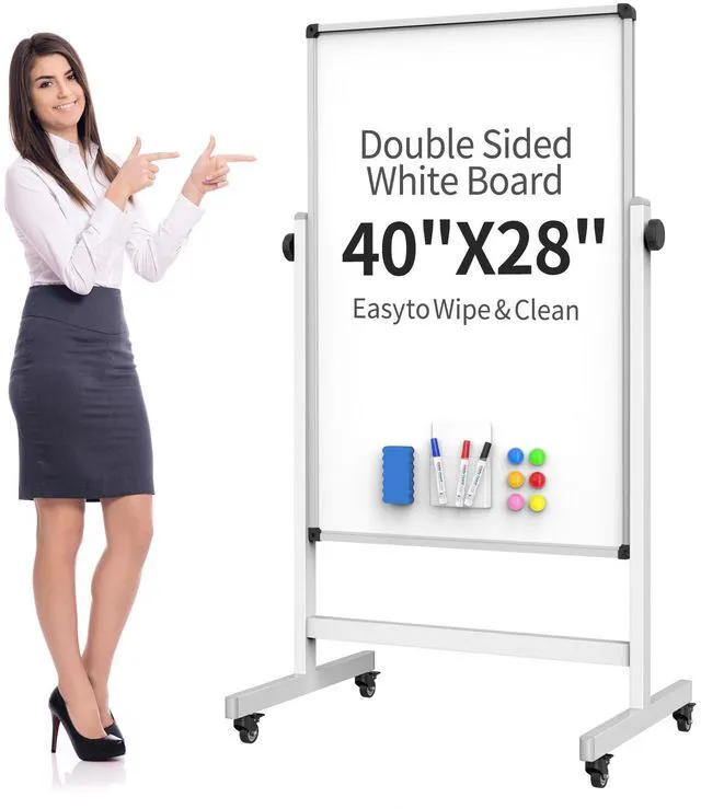 Main image of 40x28 Mobile Whiteboard on Wheels, Double Sided Magnetic Dry Erase Board Height Adjustable 40-75in, 360° Rotation, Steel Locking Casters, Smooth Magnetic Surface for Office, Classroom & Meetings