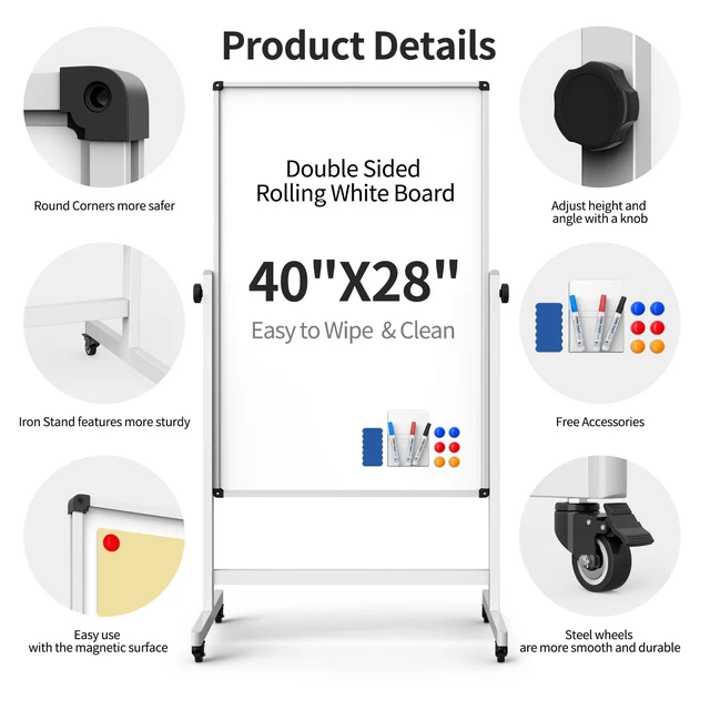 Alt view image 2 of 6 - 40x28 Mobile Whiteboard on Wheels, Double Sided Magnetic Dry Erase Board Height Adjustable 40-75in, 360° Rotation, Steel Locking Casters, Smooth Magnetic Surface for Office, Classroom & Meetings