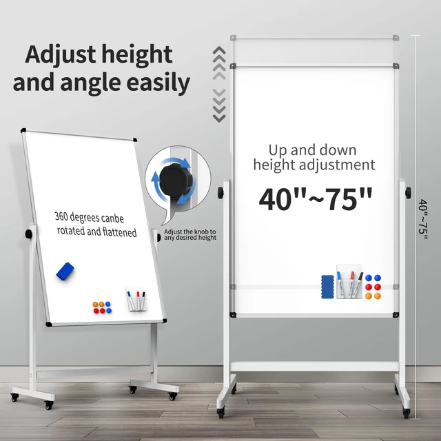 Alt view image 3 of 6 - 40x28 Mobile Whiteboard on Wheels, Double Sided Magnetic Dry Erase Board Height Adjustable 40-75in, 360° Rotation, Steel Locking Casters, Smooth Magnetic Surface for Office, Classroom & Meetings