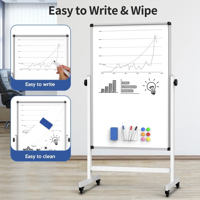 Alt view image 5 of 6 - 40x28 Mobile Whiteboard on Wheels, Double Sided Magnetic Dry Erase Board Height Adjustable 40-75in, 360° Rotation, Steel Locking Casters, Smooth Magnetic Surface for Office, Classroom & Meetings