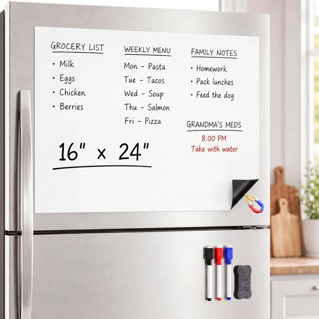 Main image of Large Magnetic Whiteboard for Fridge: Zones for Every Family Need Dry Erase Sheet Needs No Drilling or Glue - 24" x 16" Kitchen Message Center with Magnet Backing and Zones for Family Members