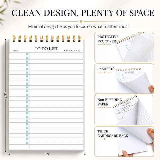 Alt view image 4 of 7 - To Do List Notepad 3 Pack, Undated Daily Planner Notepad, A5 (5.5" x 8.3") To Do List Notebook, Checklist Planner, Waterproof Spiral Notepad, for Work, Office Supplies, School Planner, 52 Sheets/Pack