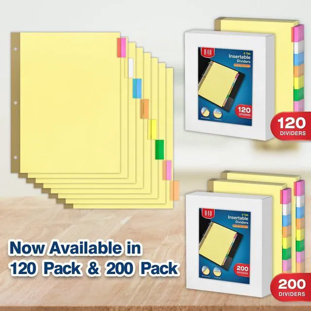 Alt view image 7 of 7 - 200 Pack Insertable Binder Dividers with 8 Tabs for 3-Ring Binder Multicolor Tab Dividers, Letter Size, Gold-Reinforced Holes, Bulk Pack, Buff Paper, 8-Tab Set, Fits School Office Home