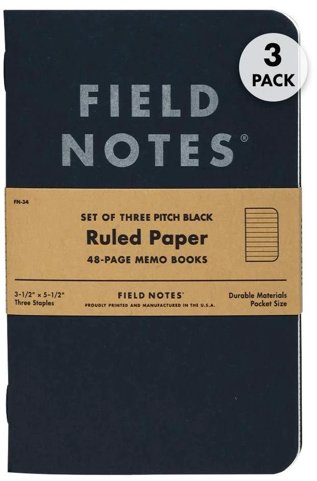 Main image of 3-Pack Pitch Black Memo Books (3.5" X 5.5"), Ruled, 48 Pages | Thin Pocket Sized EDC Notebook With 90 GSM Paper & Paperback Cover | Work Notebooks For Note Taking | Made in the USA