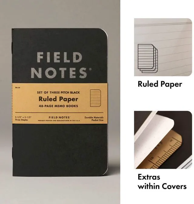 Alt view image 2 of 6 - 3-Pack Pitch Black Memo Books (3.5" X 5.5"), Ruled, 48 Pages | Thin Pocket Sized EDC Notebook With 90 GSM Paper & Paperback Cover | Work Notebooks For Note Taking | Made in the USA