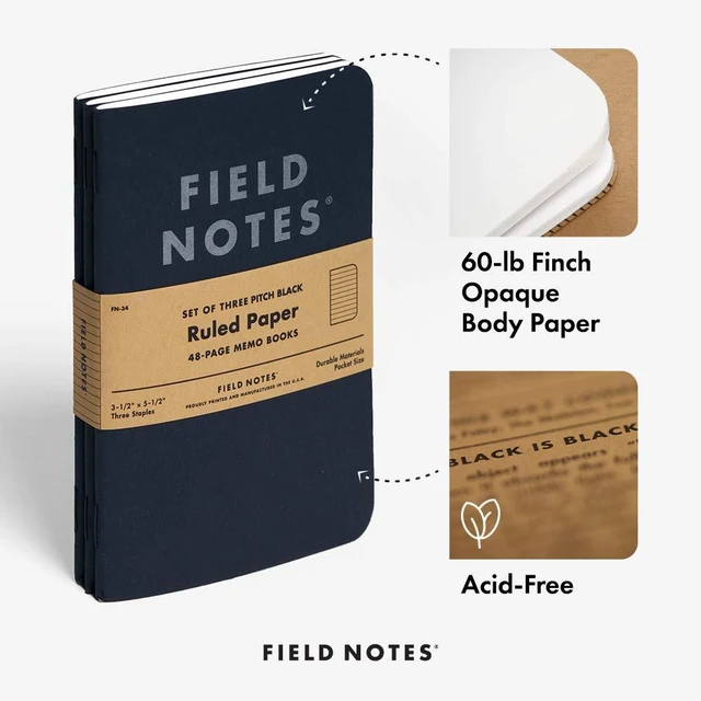 Alt view image 4 of 6 - 3-Pack Pitch Black Memo Books (3.5" X 5.5"), Ruled, 48 Pages | Thin Pocket Sized EDC Notebook With 90 GSM Paper & Paperback Cover | Work Notebooks For Note Taking | Made in the USA
