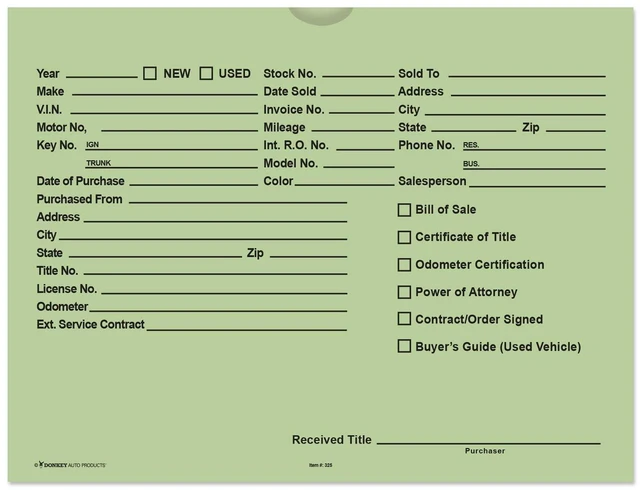 Main image of Printed Vehicle Deal Envelopes 9x12 Deal Jackets (100 shrink wrapped) (Green)