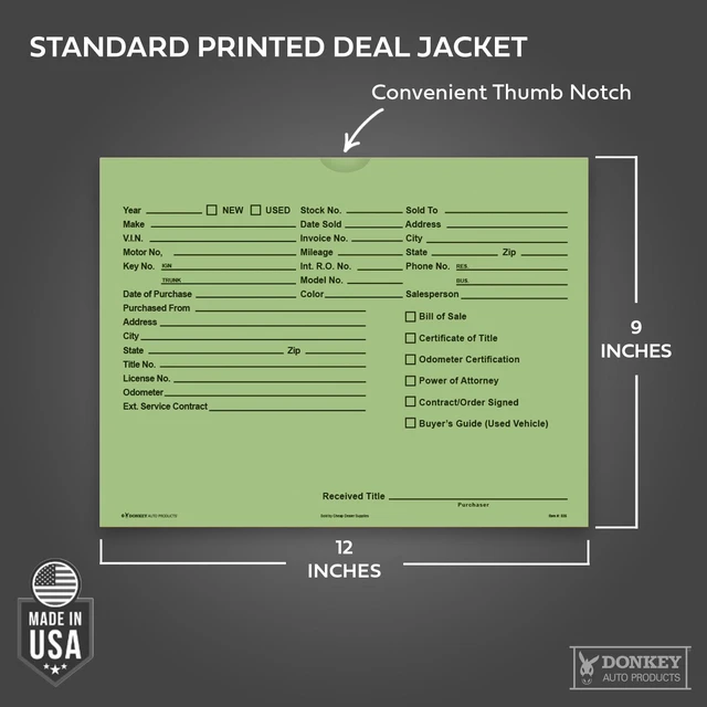 Alt view image 2 of 7 - Printed Vehicle Deal Envelopes 9x12 Deal Jackets (100 shrink wrapped) (Green)