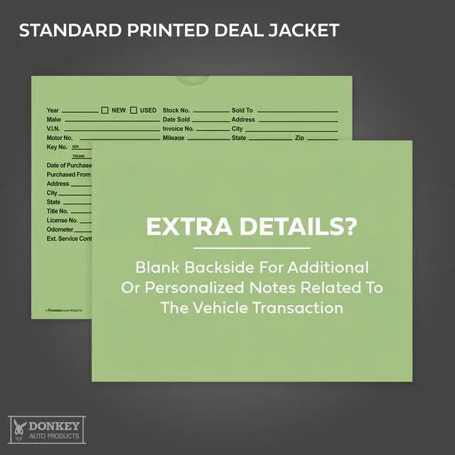 Alt view image 5 of 7 - Printed Vehicle Deal Envelopes 9x12 Deal Jackets (100 shrink wrapped) (Green)