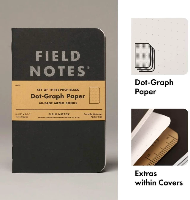 Alt view image 2 of 6 - 3-Pack Pitch Black Memo Books (3.5" X 5.5"), Dot-Graph, 48 Pages | Thin Pocket Sized EDC Notebook With 90 GSM Paper & Paperback Cover | Work Notebooks For Note Taking | Made in the USA