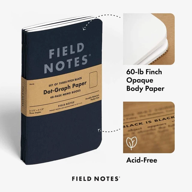 Alt view image 4 of 6 - 3-Pack Pitch Black Memo Books (3.5" X 5.5"), Dot-Graph, 48 Pages | Thin Pocket Sized EDC Notebook With 90 GSM Paper & Paperback Cover | Work Notebooks For Note Taking | Made in the USA