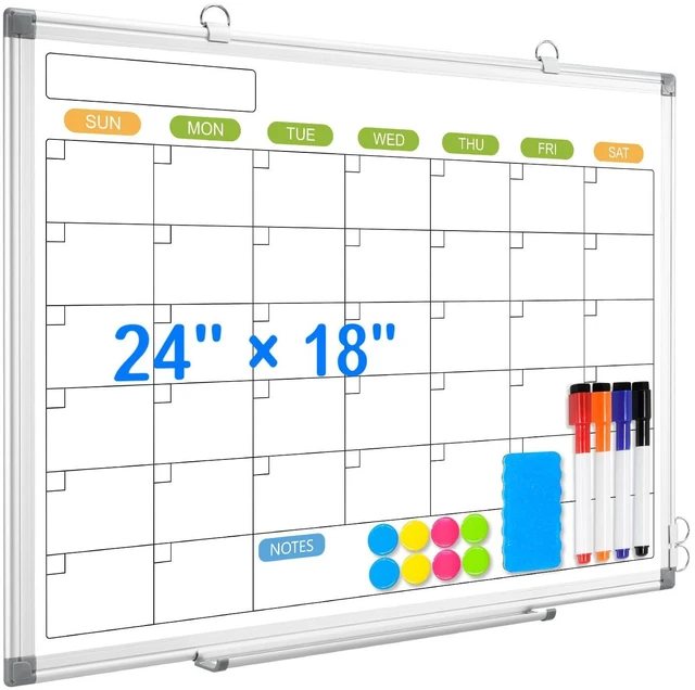 Main image of 24" x 18" Magnetic Monthly Dry Erase Whiteboard Calendar for Wall Double-sided & Smooth Writing Calendar White Board Hanging Aluminum Frame, Home, School, Office