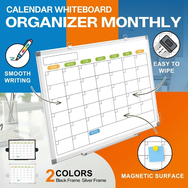 Alt view image 3 of 7 - 24" x 18" Magnetic Monthly Dry Erase Whiteboard Calendar for Wall Double-sided & Smooth Writing Calendar White Board Hanging Aluminum Frame, Home, School, Office